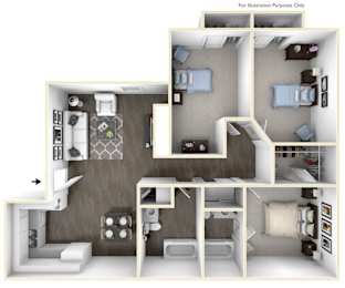 A 3D illustration of a house layout with a kitchen, living room, and bathroom.