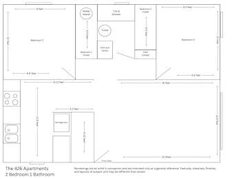 A floor plan for a 2 Bedroom 1 Bathroom apartment.
