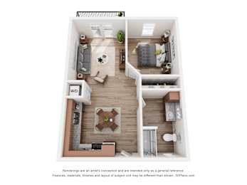 a stylized floor plan with a bedroom and a living room
