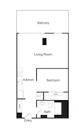 A floor plan of a small apartment with a living room, kitchen, bedroom and bathroom.
