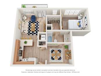 A 3D floor plan of a house with a kitchen, living room, dining room, and bedrooms.