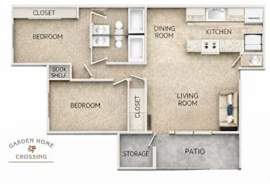 A floor plan of a house with a living room, dining room, kitchen, two bedrooms, a bathroom, a pantry, a storage area, and a patio.