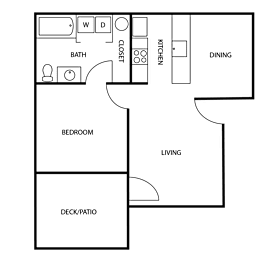A floor plan of a house with a bedroom, bathroom, kitchen, dining area, and a deck/patio.