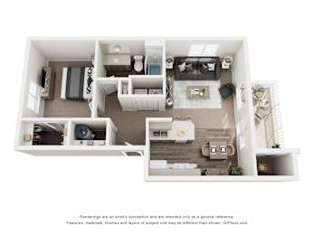 A 3D floor plan of a small apartment with a kitchen, living room, and bedroom.