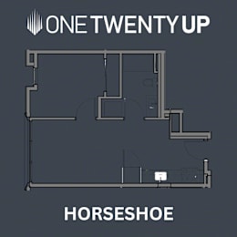 A floor plan of a horseshoe-shaped building layout.