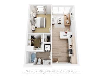 A 3D floor plan of a small apartment with a kitchen, living room, and bathroom.