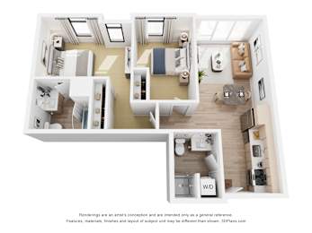 A 3D floor plan of a small apartment with a kitchen, living room, and bedroom.