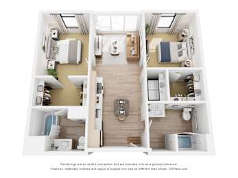 A 3D floor plan of a house with a kitchen, living room, and two bedrooms.