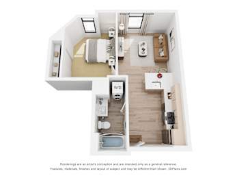 A 3D floor plan of a house with two bedrooms, a living room, a kitchen, and a bathroom.