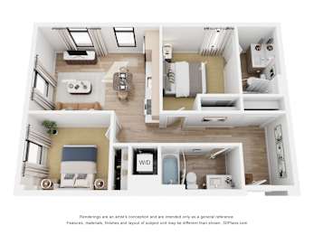 A 3D floor plan of a small apartment with a kitchen, living room, and bathroom.