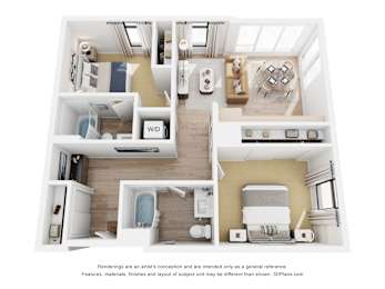 A 3D floor plan of a house with a kitchen, living room, and bathrooms.