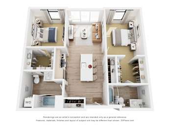 A 3D floor plan of a house with a kitchen, living room, and two bedrooms.