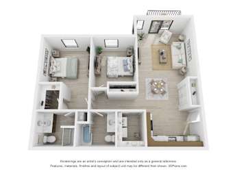 A 3D floor plan of a house with a kitchen, living room, and two bedrooms.