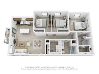 A 3D floor plan of a house with two bedrooms, a living room, a kitchen, and a bathroom.