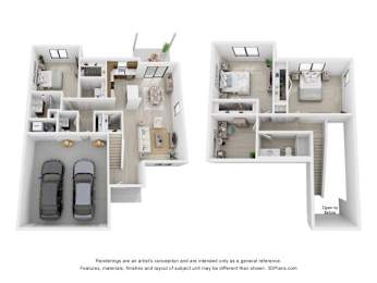 A floor plan of a two-story home with a garage and a separate entrance.