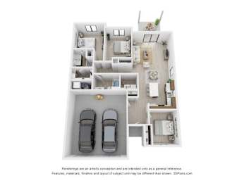A 3D floor plan of a house with two bedrooms, a living room, a kitchen, and a garage.