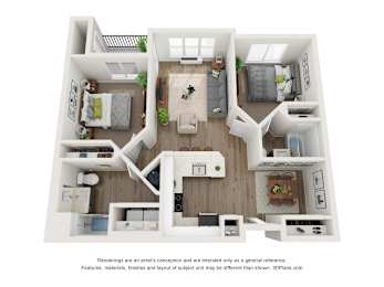 A 3D floor plan of a house with two bedrooms, a living room, a kitchen, and a bathroom.