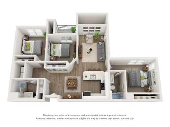 A 3D floor plan of a house with multiple rooms and furniture.