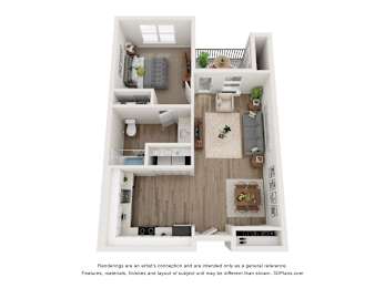 A 3D floor plan of a small apartment with a kitchen, living room, and bedroom.