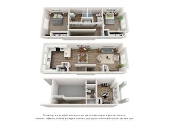 A 3D floor plan of a house with two bedrooms, a living room, a kitchen, and a bathroom.