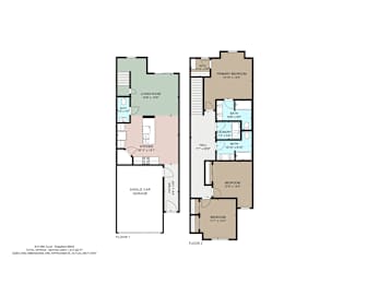 A floor plan of a house with two bedrooms, a living room, a garage, and a kitchen.