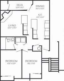 A black and white floor plan of a house with a deck, two bedrooms, a living room, a dining room, and a kitchen.