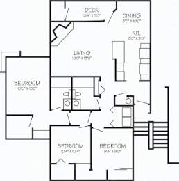 A black and white image of a floor plan for a house with a deck, dining area, living room, and four bedrooms.
