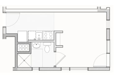 A floor plan of a small apartment with a kitchen, living room, and bathroom.