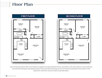 A floor plan for a two-bedroom, one-bathroom apartment with a living room and a kitchen.
