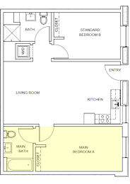 A floor plan of a house with two bedrooms, a living room, a kitchen, and a main bath.
