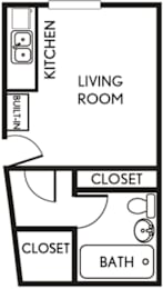 A floor plan of a small apartment with a kitchen, living room, and bathroom.