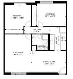 a floor plan of a small house with a living room and a dining room