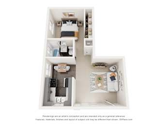 A 3D floor plan of a small apartment with two bedrooms and a living room.
