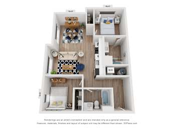 A 3D floor plan of a small apartment with a living room, kitchen, and bathroom.
