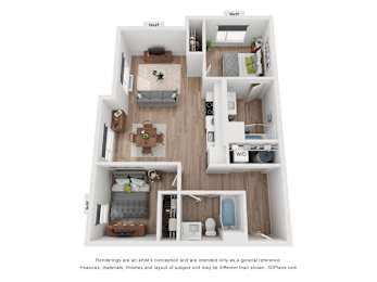 A 3D floor plan of a small apartment with a living room, kitchen, and two bedrooms.