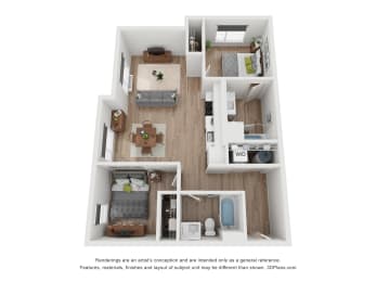 a stylized floor plan of a 1 bedroom apartment