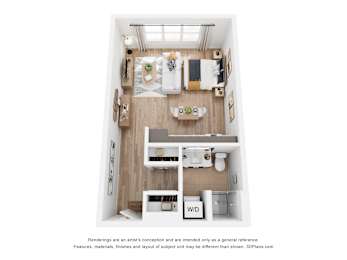 A 3D floor plan of a small apartment with a kitchen, living room, and bathroom.