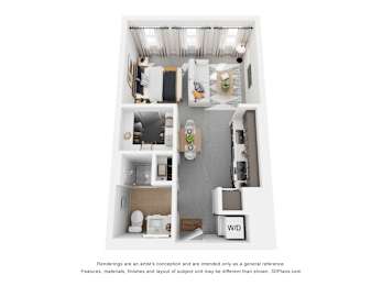 A 3D floor plan of a small apartment with a kitchen, living room, and bathroom.