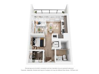 A 3D floor plan of a small apartment with a kitchen, living room, and bathroom.