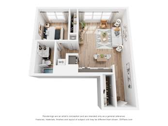 A 3D floor plan of a house with a kitchen, living room, and two bedrooms.