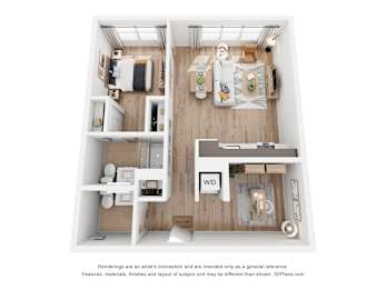 A 3D floor plan of a small apartment with a kitchen, living room, and bathroom.