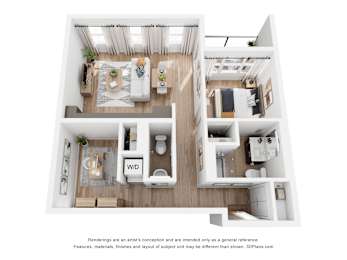 A 3D floor plan of a small apartment with a living room, kitchen, and bathroom.