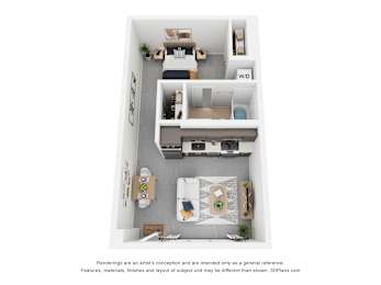 A 3D floor plan of a small apartment with a kitchen, living room, and bathroom.