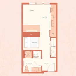 A floor plan of a living space with labeled rooms.