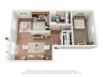 A 3D floor plan of a modern apartment with a living room, kitchen, and bedroom.