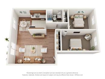 A 3D floor plan of a small apartment with a living room, kitchen, and bedroom.