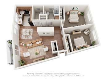A 3D floor plan of a house with a kitchen, living room, and bedrooms.