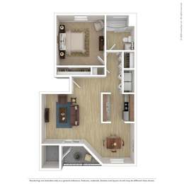 A floor plan of a house with a living room, kitchen, and two bedrooms.