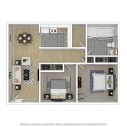 A floor plan of a small apartment with a kitchen, living room, and bedroom.