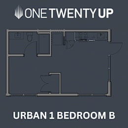 A floor plan of a bedroom with the title "URBAN 1 BEDROOM B".